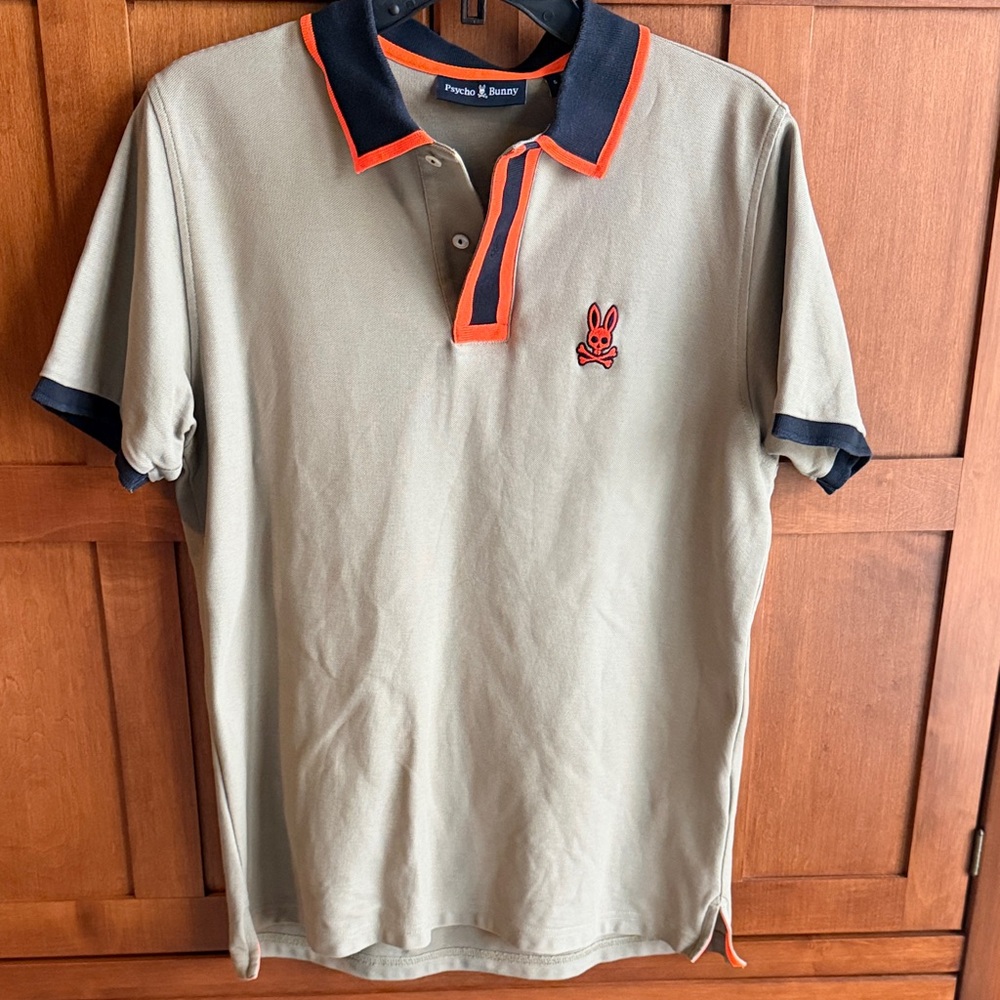 Psycho Bunny Khaki Polo with Navy Collar and Orange Trim